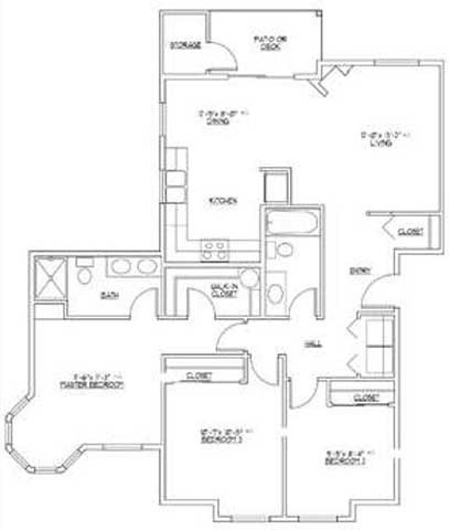 Floor plan for 3 beds, 2 baths, 1084 sqft