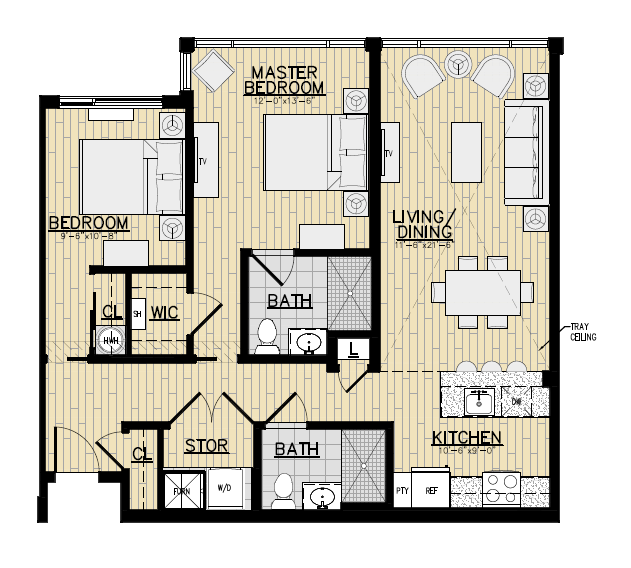 Floor plan for 2 beds, 2 baths, 1053 sqft