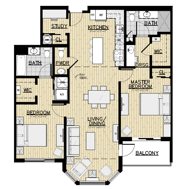 Floor plan for 2 beds, 2.5 baths, 1212 sqft