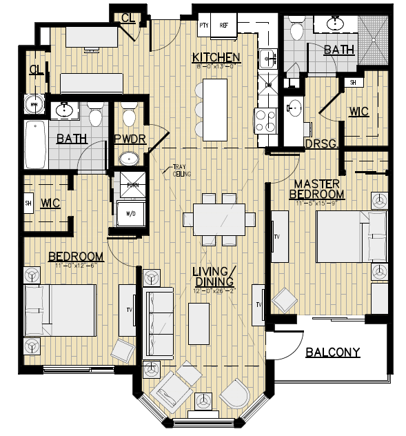 Floor plan for 2 beds, 2.5 baths, 1247 sqft