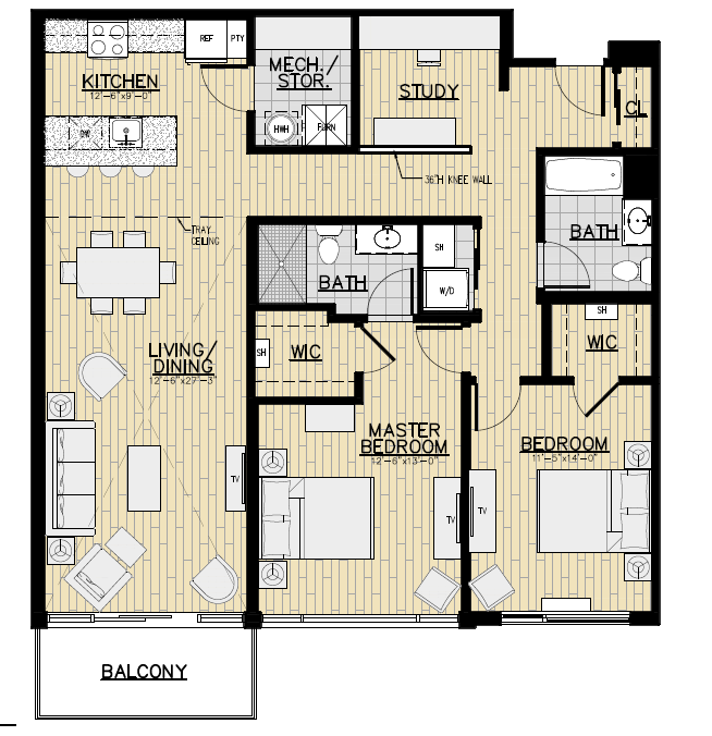 Floor plan for 2 beds, 2.5 baths, 1393 sqft