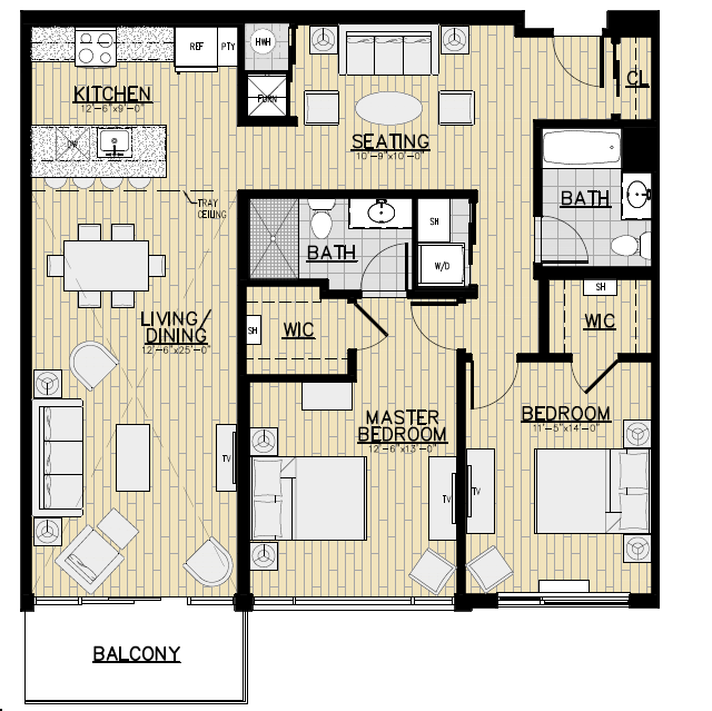 Floor plan for 2 beds, 2 baths, 1334 sqft