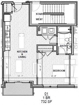 Floor plan for 1 bed, 1 bath, 732 sqft