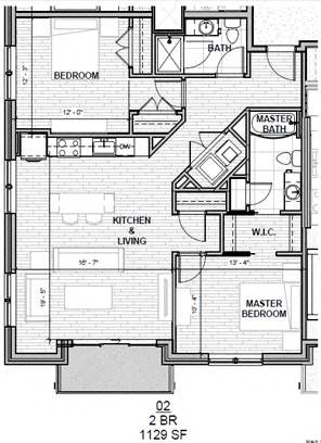 Floor plan for 2 beds, 2 baths, 1129 sqft