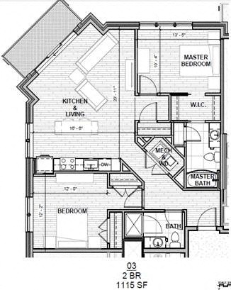 Floor plan for 2 beds, 2 baths, 1115 sqft
