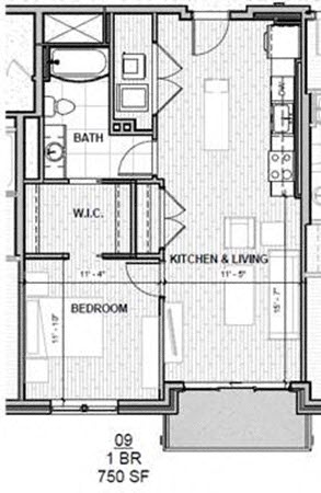 Floor plan for 1 bed, 1 bath, 750 sqft