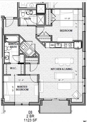 Floor plan for 2 beds, 2 baths, 1123 sqft