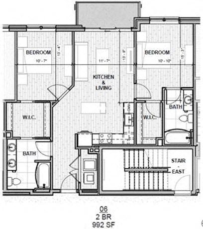 Floor plan for 2 beds, 2 baths, 992 sqft
