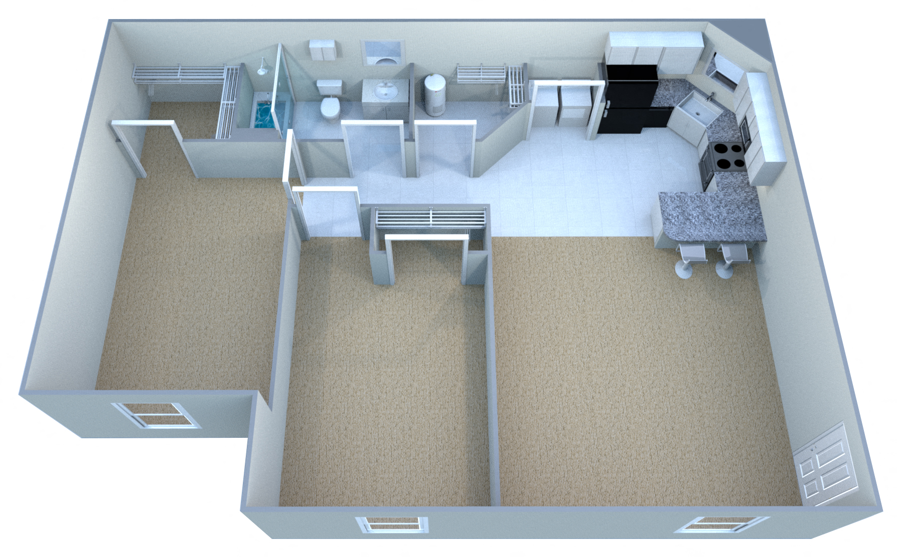 Floor plan for 2 beds, 1 bath, 873 sqft