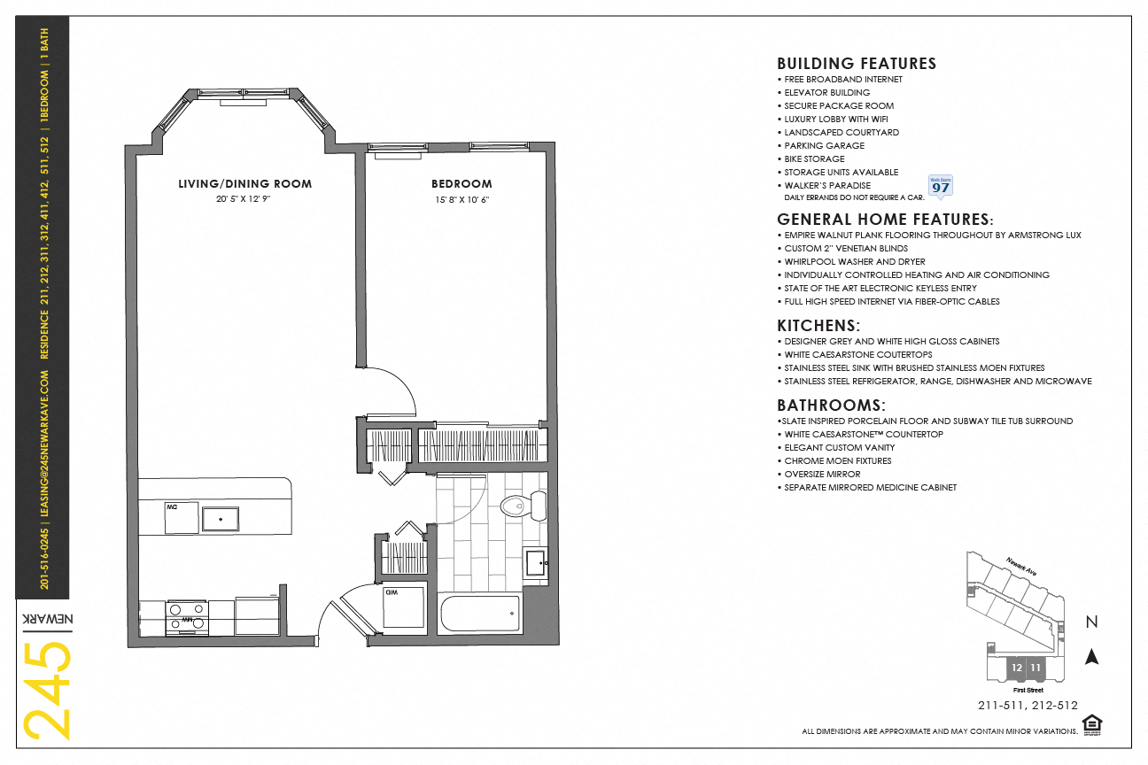 Floor plan for 1 bed, 1 bath, 689 sqft