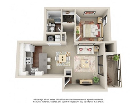 Floor plan for 1 bed, 1 bath, 753 sqft