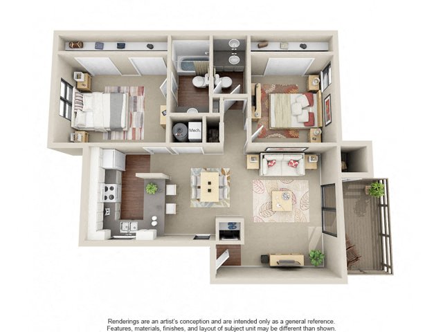 Floor plan for 2 beds, 1.5 baths, 938 sqft