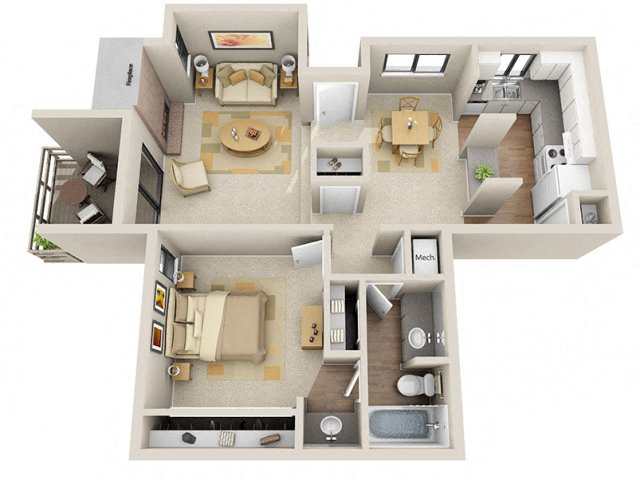 Floor plan for 1 bed, 1 bath, 802 sqft