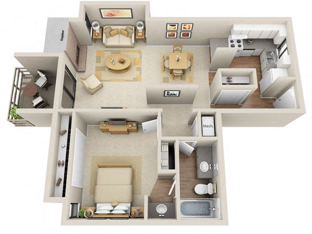 Floor plan for 1 bed, 1 bath, 842 sqft
