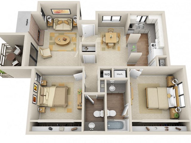 Floor plan for 2 beds, 1.5 baths, 1032 sqft