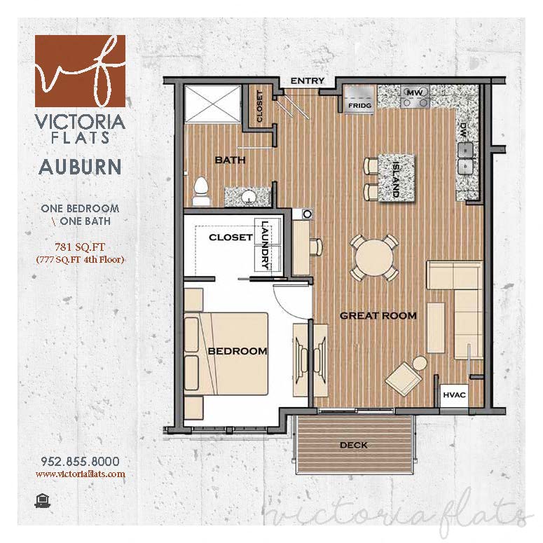 Floor plan for 1 bed, 1 bath, 777 sqft