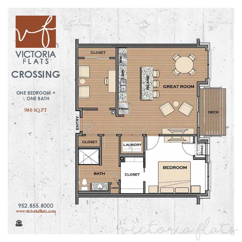 Floor plan for 1 bed, 1 bath, 980 sqft