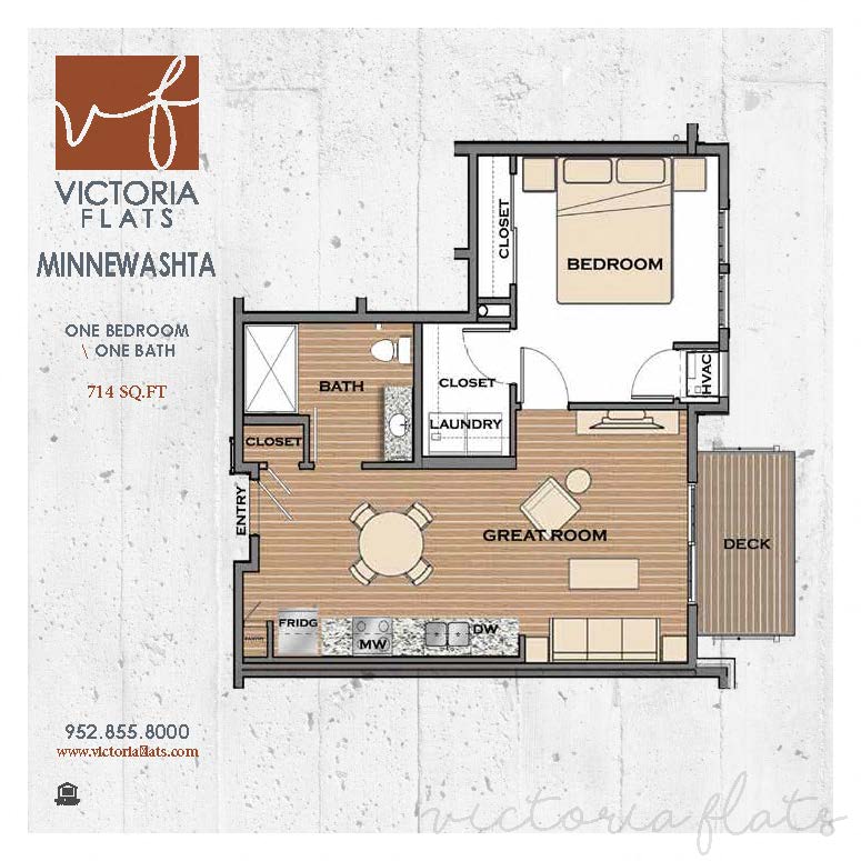 Floor plan for 1 bed, 1 bath, 714 sqft
