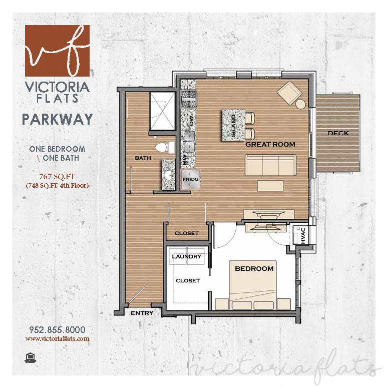 Floor plan for 1 bed, 1 bath, 767 sqft