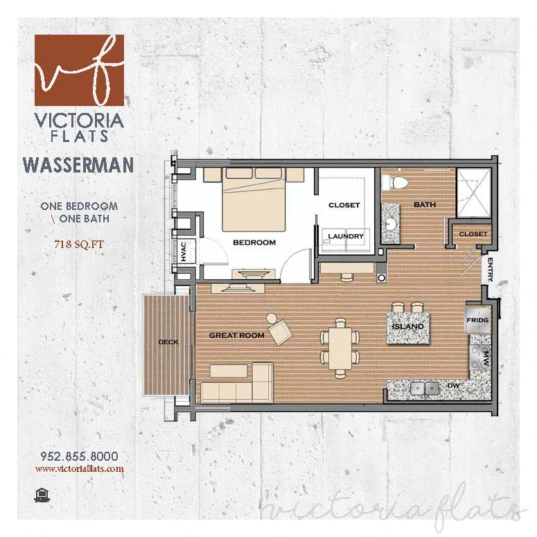 Floor plan for 1 bed, 1 bath, 718 sqft