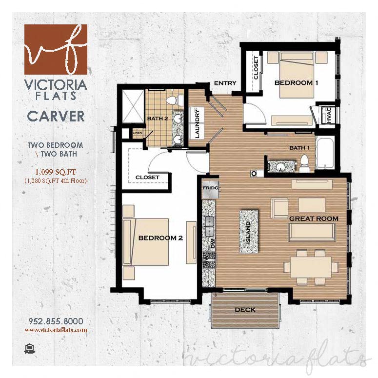 Floor plan for 2 beds, 2 baths, 1099 sqft