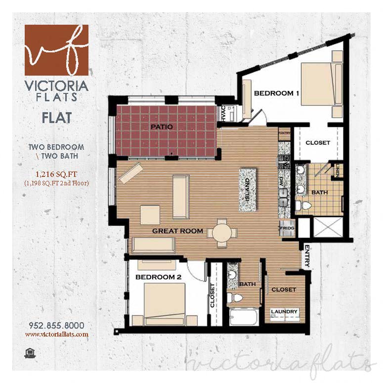 Floor plan for 2 beds, 2 baths, 1198 sqft