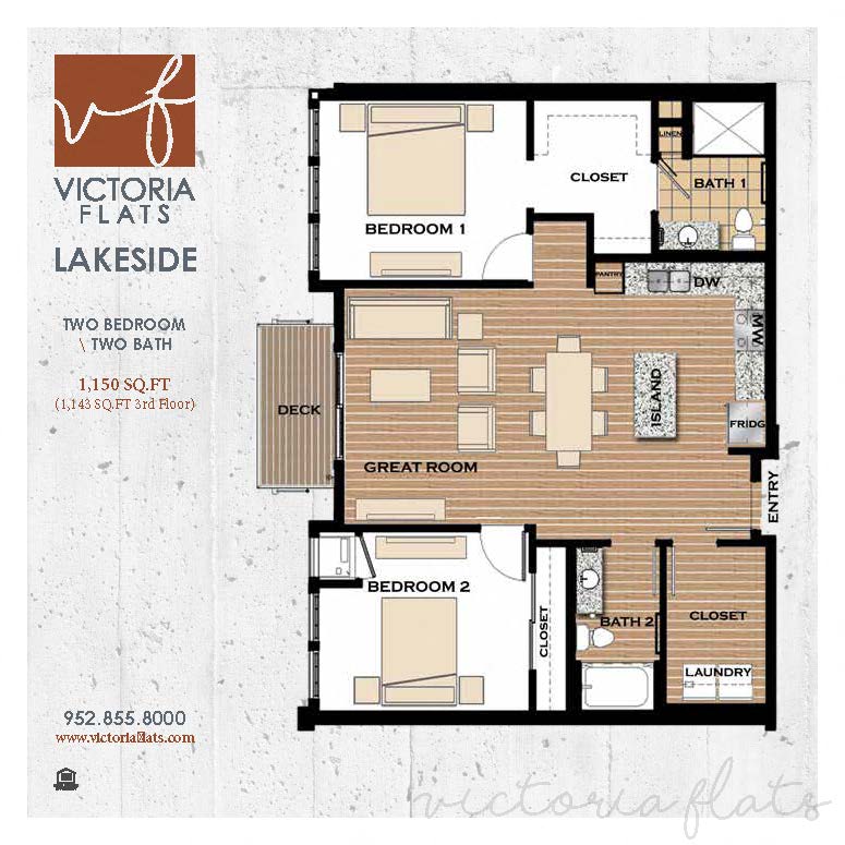 Floor plan for 2 beds, 2 baths, 1143 sqft