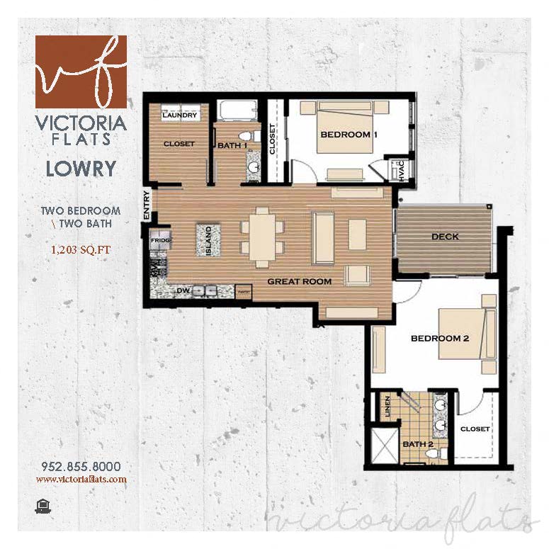 Floor plan for 2 beds, 2 baths, 1203 sqft