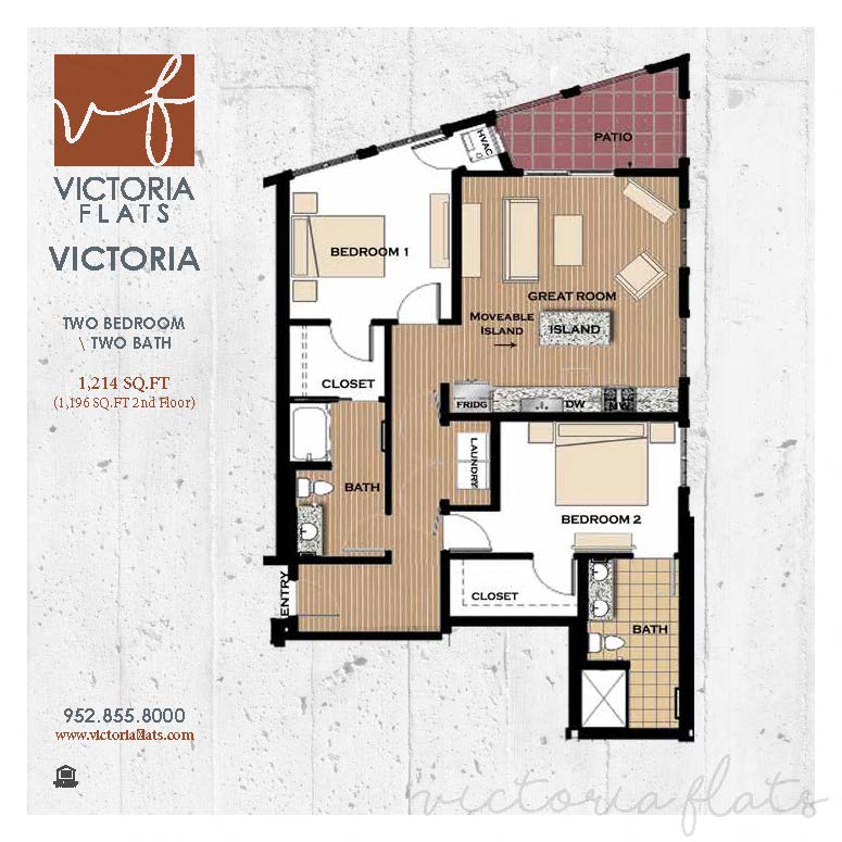 Floor plan for 2 beds, 2 baths, 1214 sqft