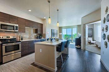 Stainless steel appliances in kitchen