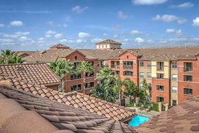 Placentia apartment for rent - an aerial view of the courtyard of an apartment building with a pool