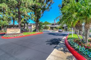 Anaheim apartment for rent - a street with palm trees and a building with a car driving down the street