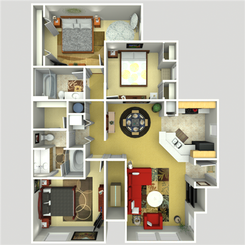 Floor plan for 3 beds, 2 baths, 1216 sqft