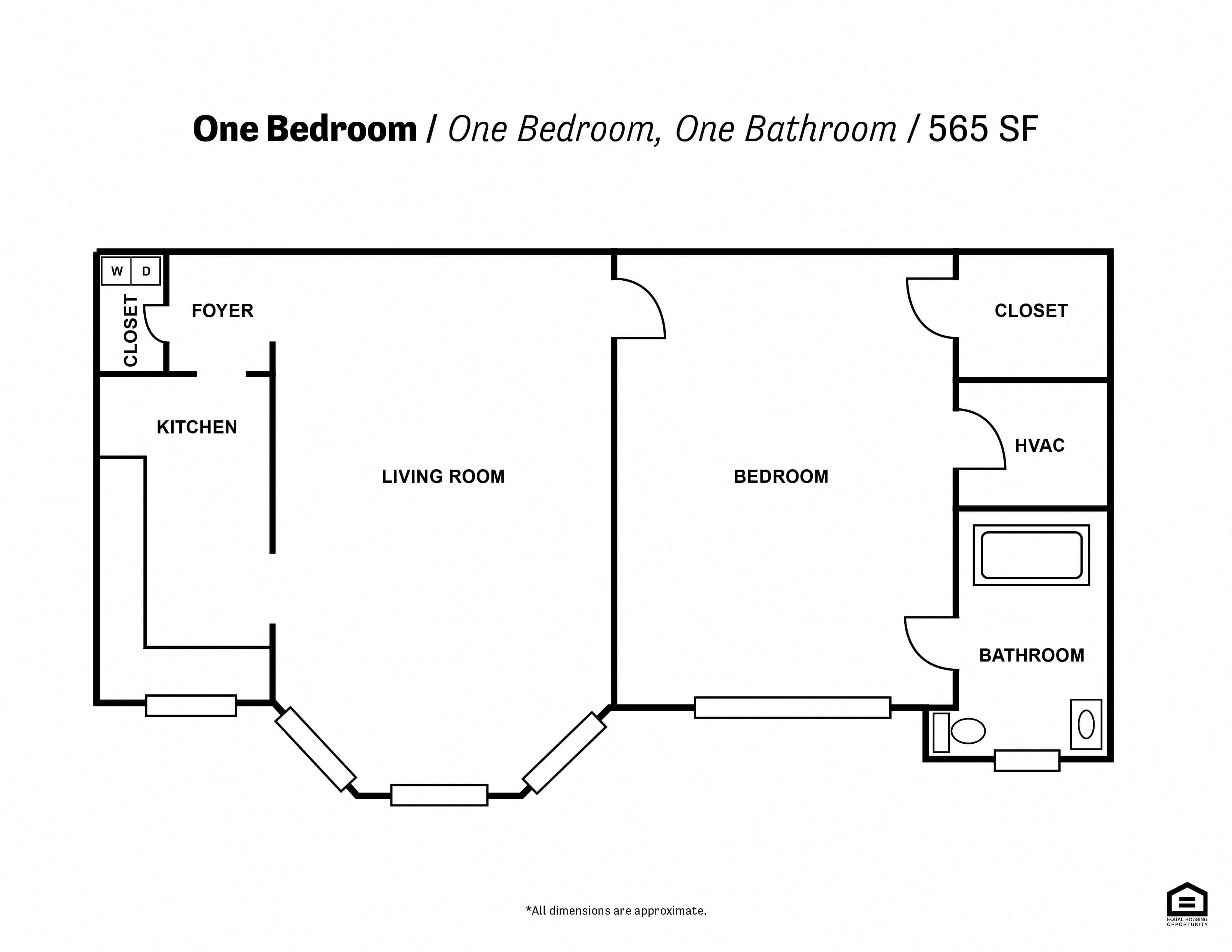 Floor plan for 1 bed, 1 bath, 565 sqft