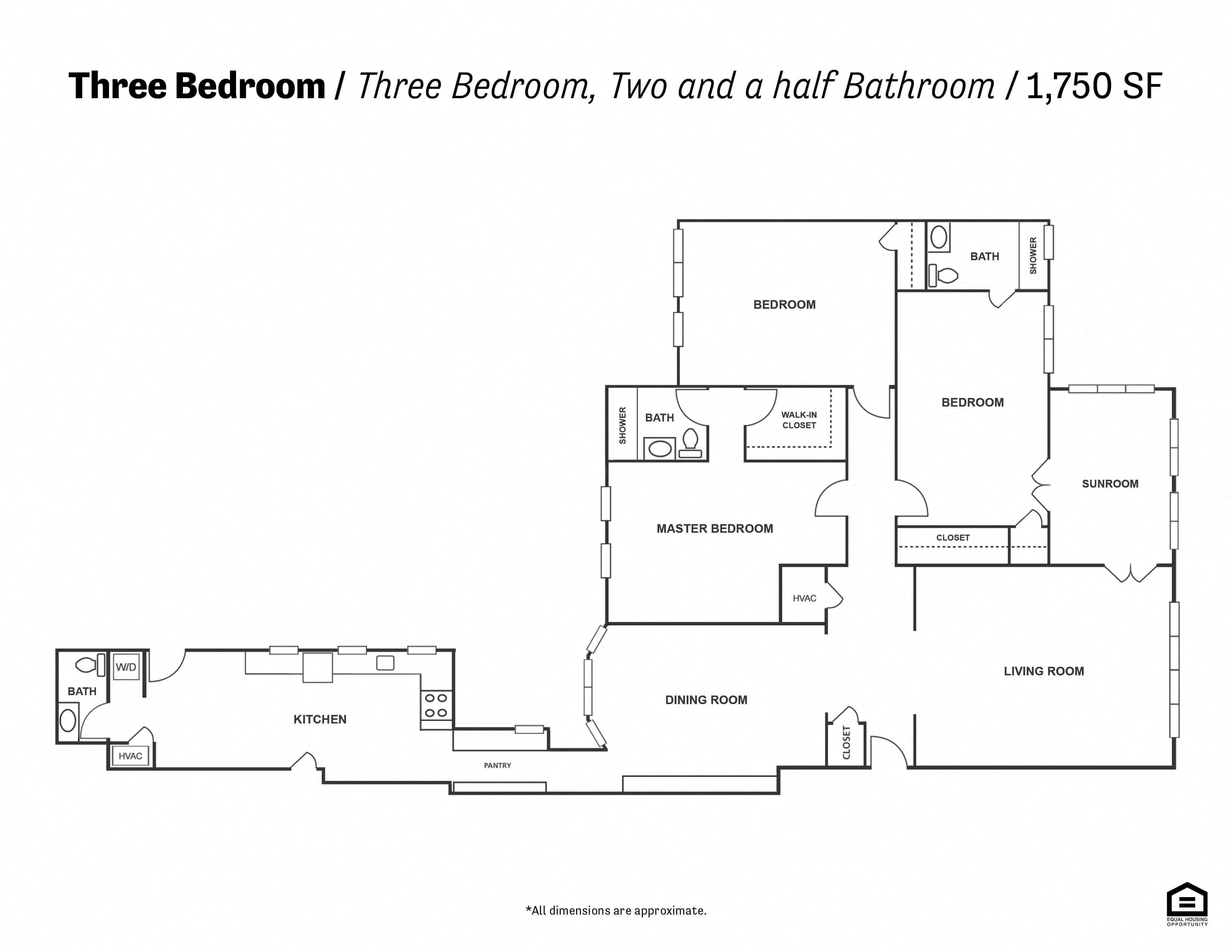 Floor plan for 3 beds, 2.5 baths, 1750 sqft