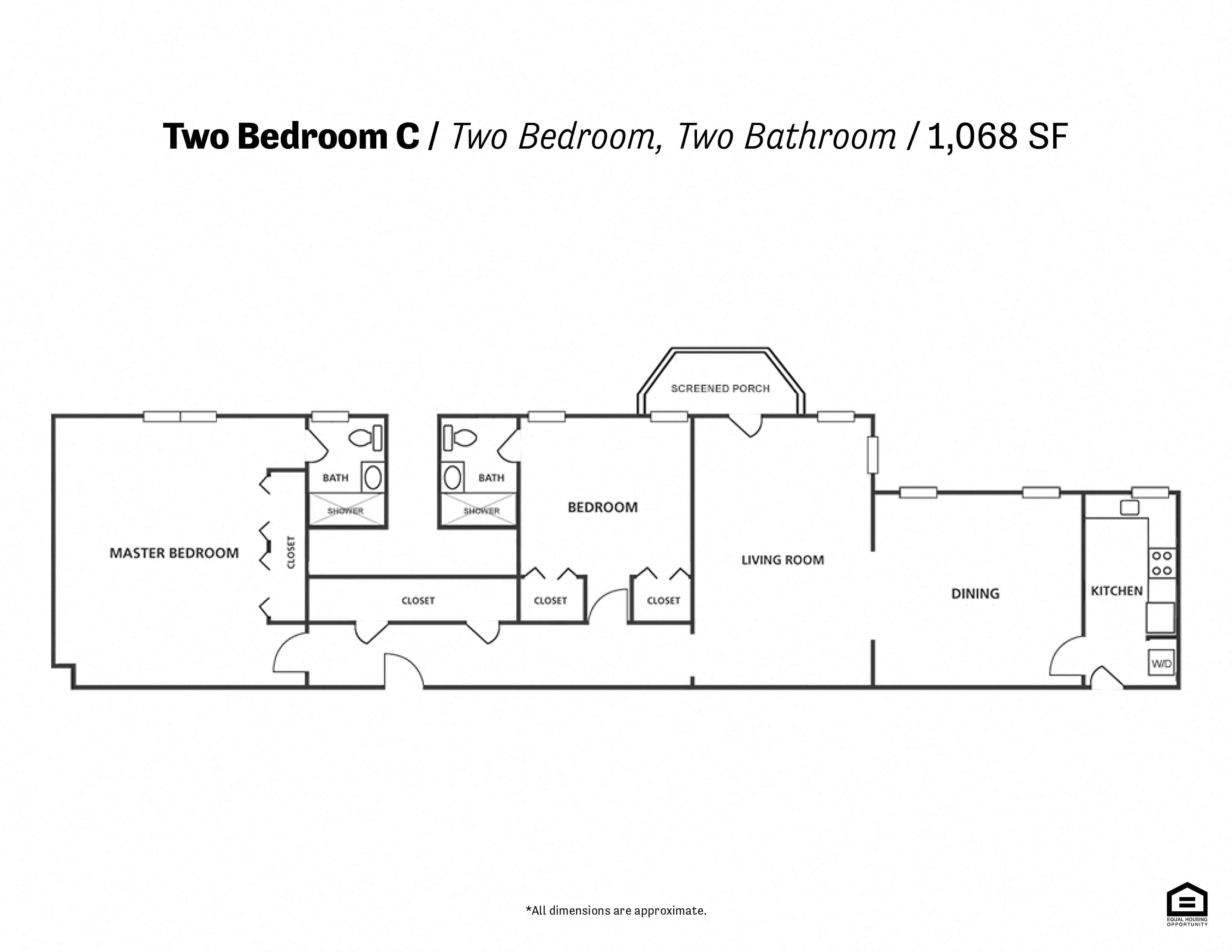 Floor plan for 2 beds, 2 baths, 1068 sqft