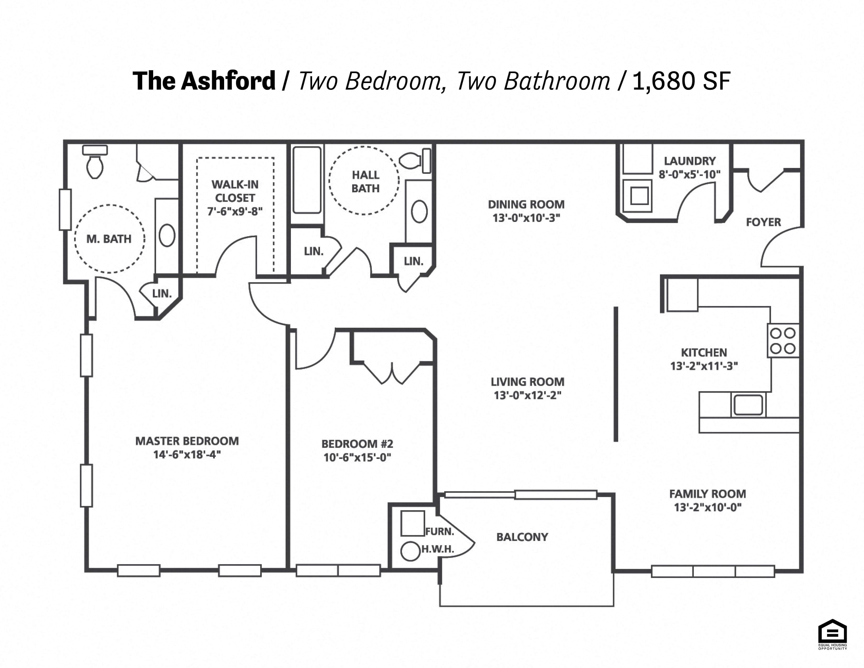 Floor plan for 2 beds, 2 baths, 1680 sqft
