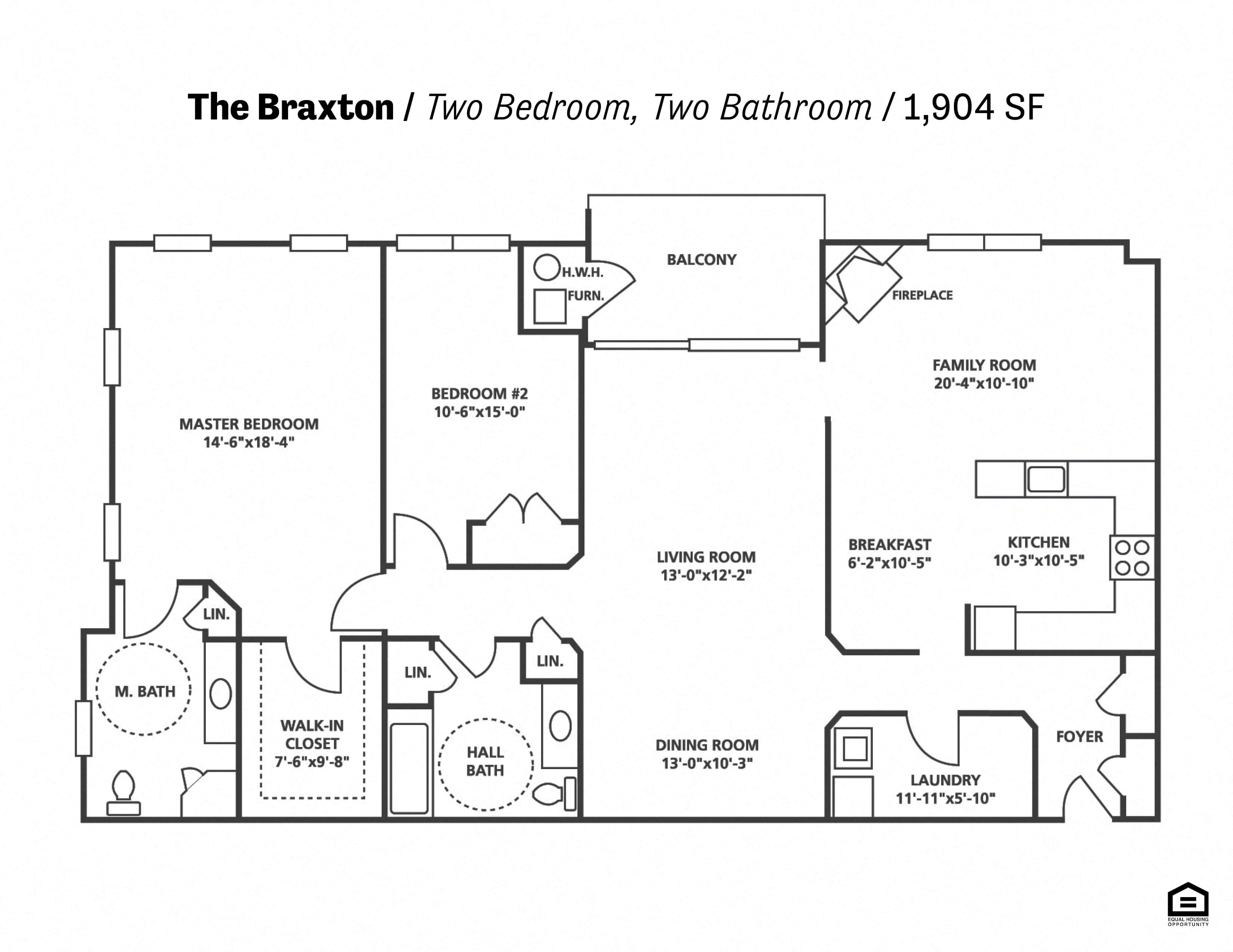 Floor plan for 2 beds, 2 baths, 1904 sqft
