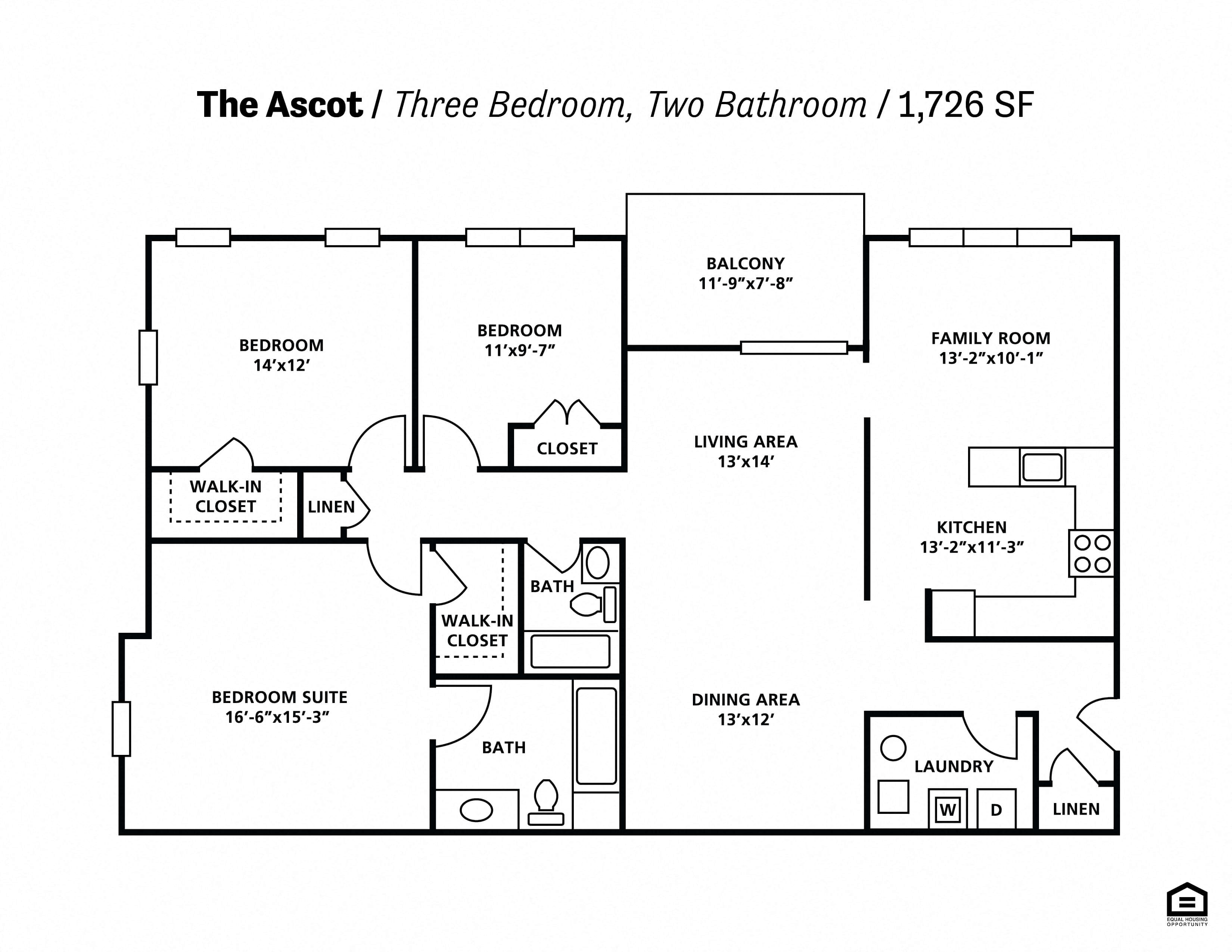 Floor plan for 3 beds, 2 baths, 1726 sqft