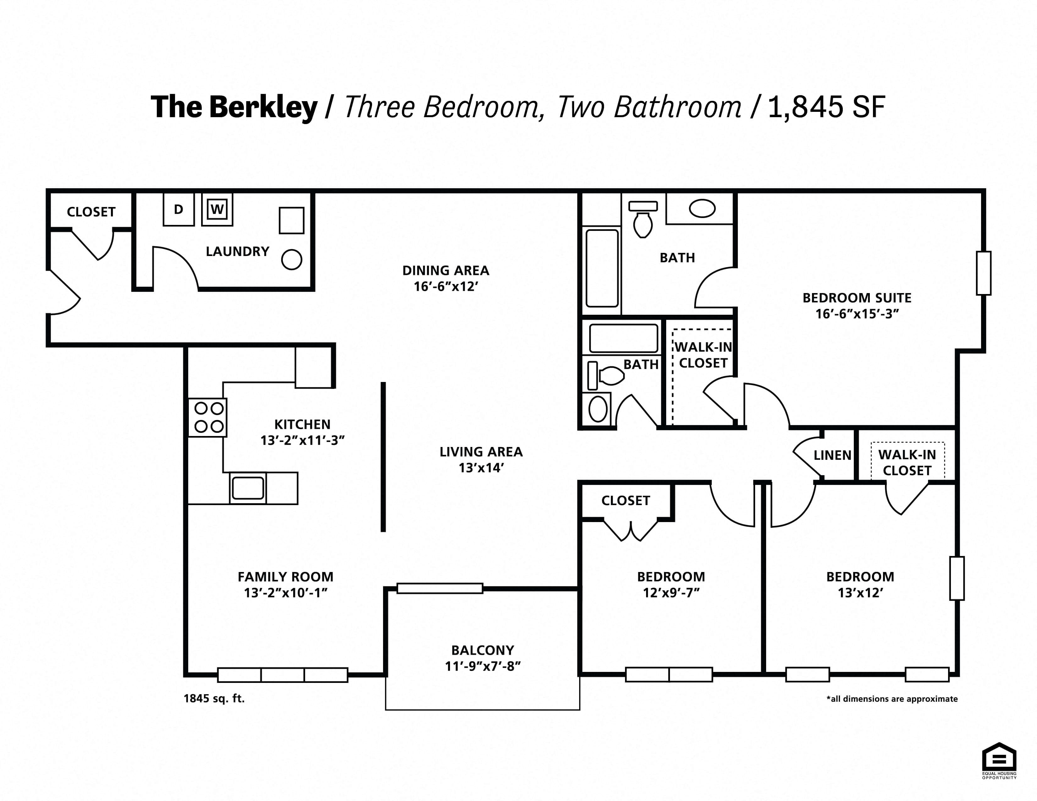 Floor plan for 3 beds, 2 baths, 1845 sqft