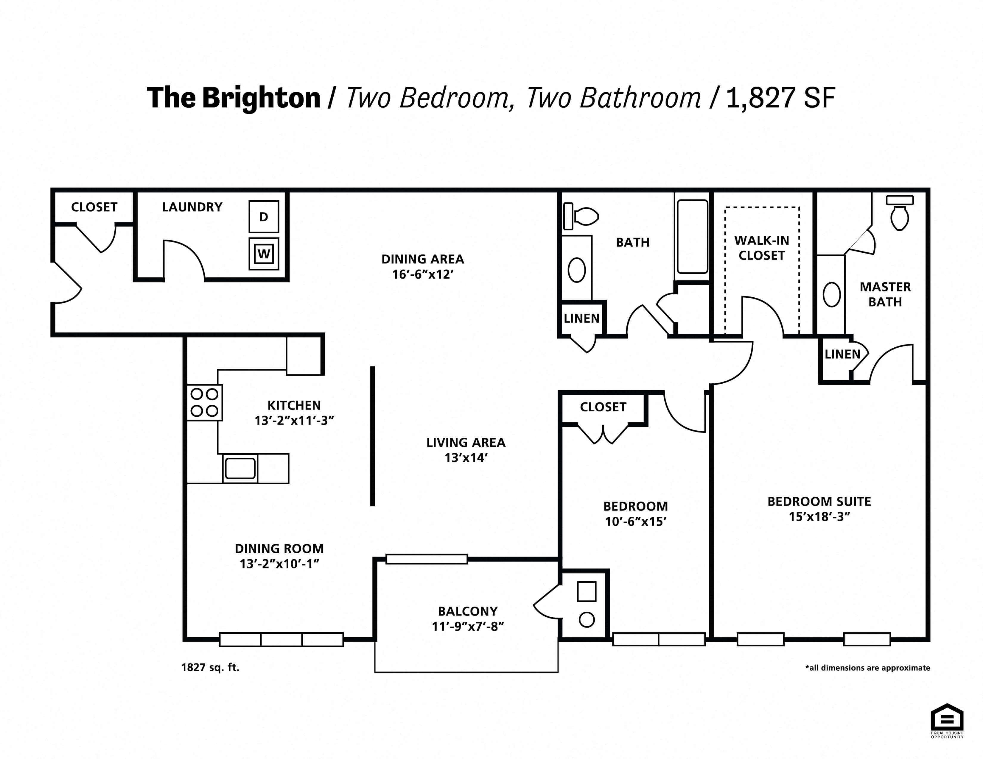 Floor plan for 2 beds, 2 baths, 1827 sqft