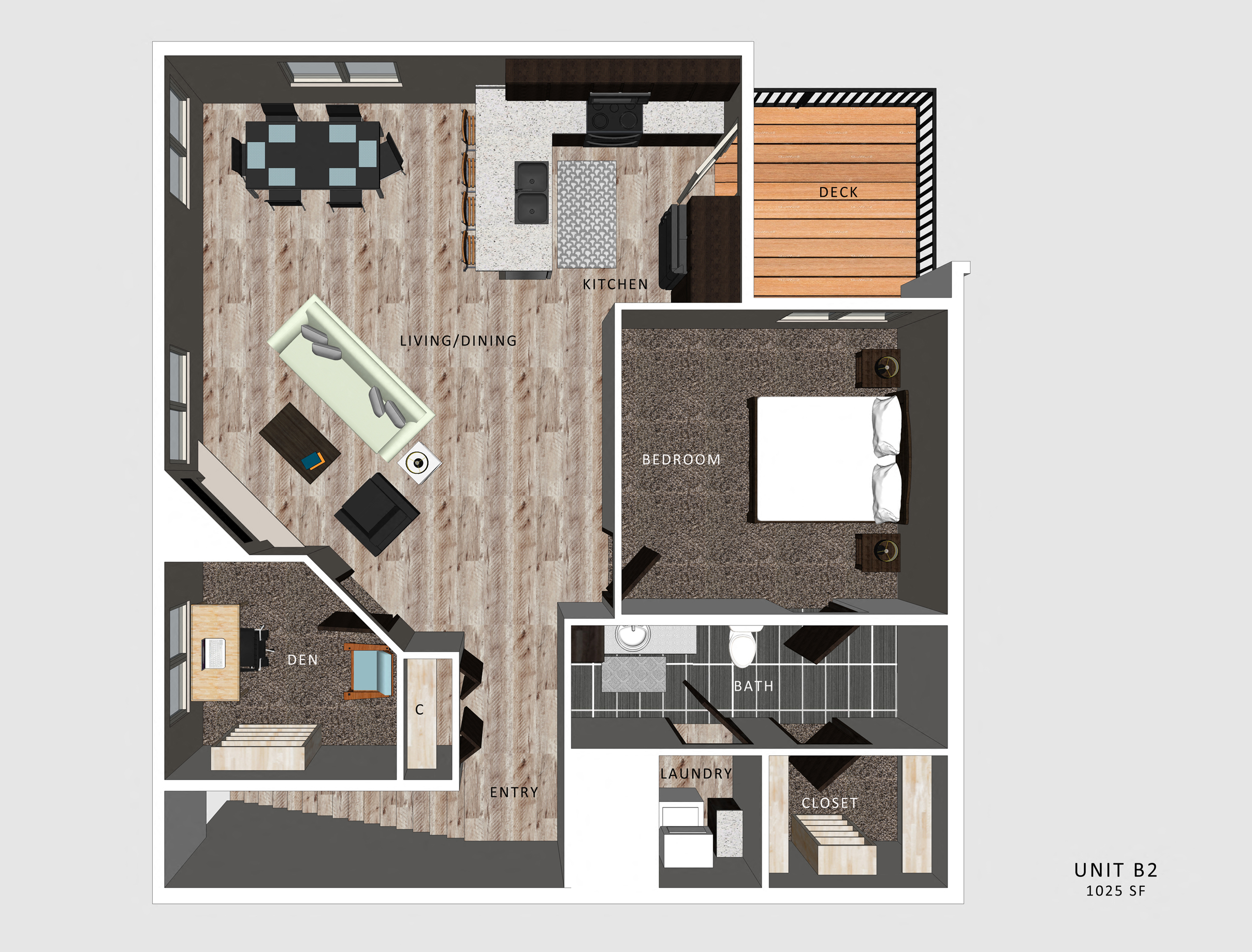 Floor plan for 1 bed, 1 bath, 1025 sqft