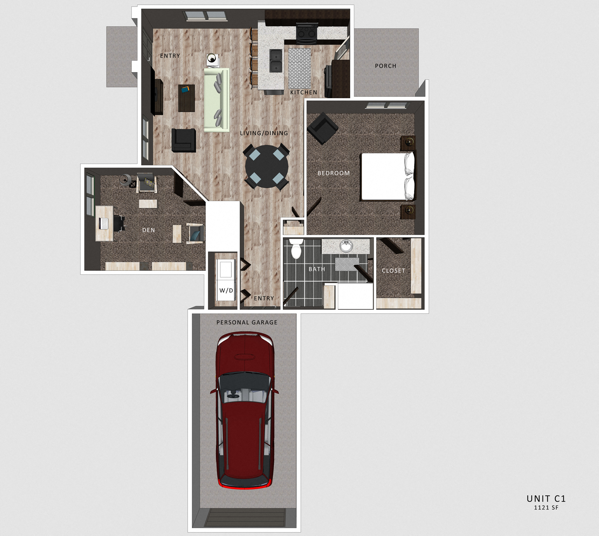 Floor plan for 1 bed, 1 bath, 1121 sqft