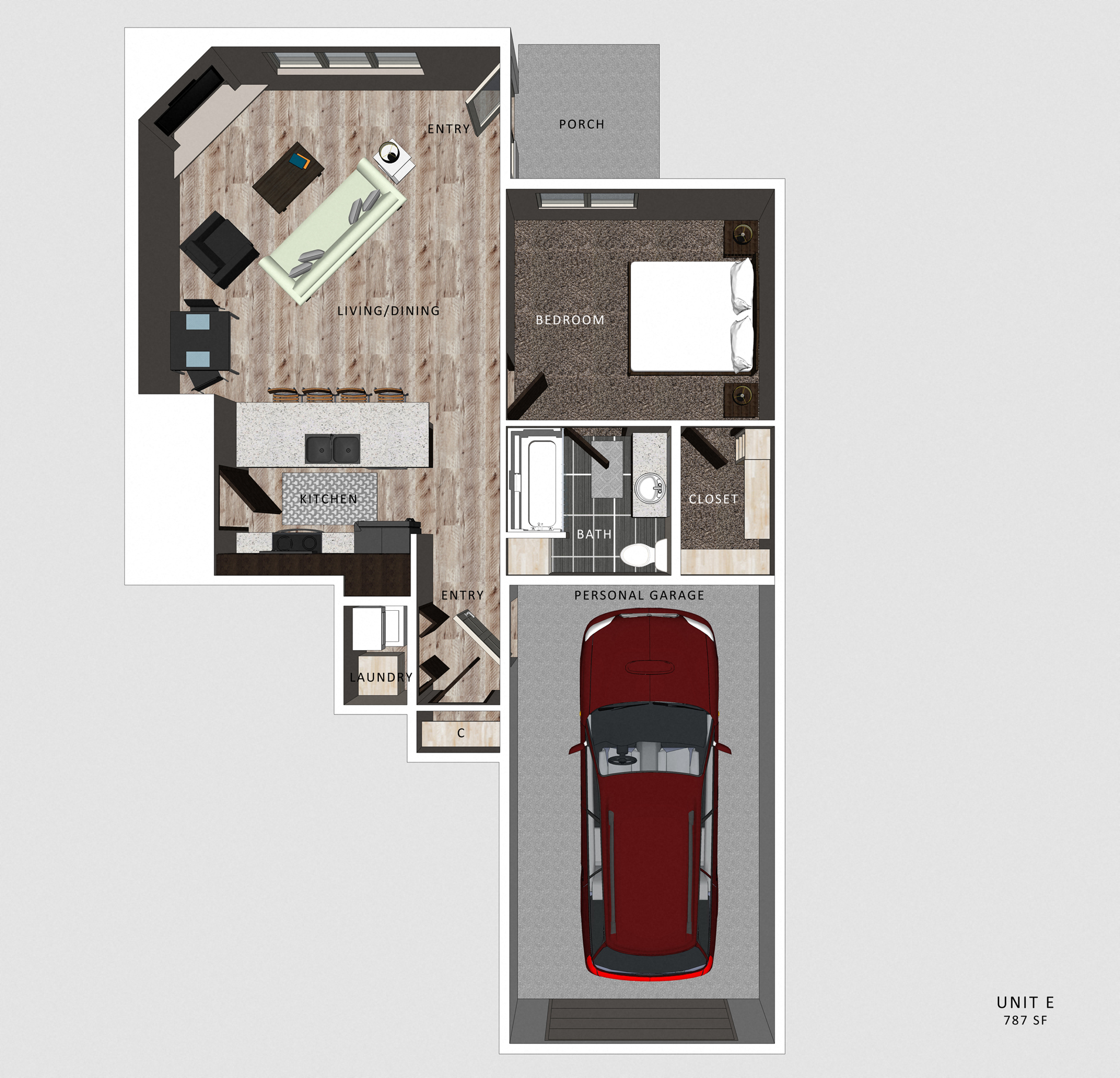 Floor plan for 1 bed, 1 bath, 795 sqft