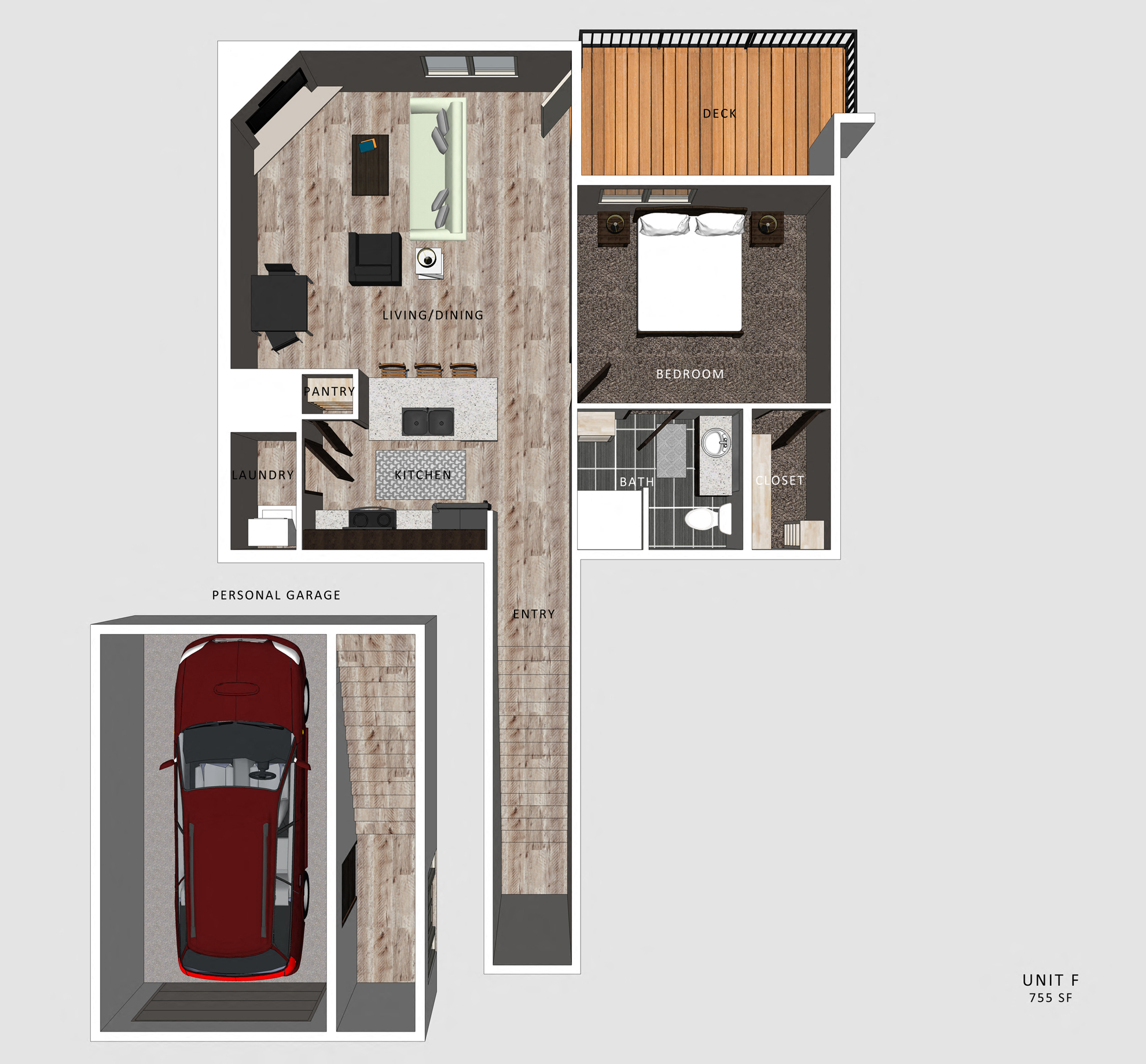 Floor plan for 1 bed, 1 bath, 768 sqft