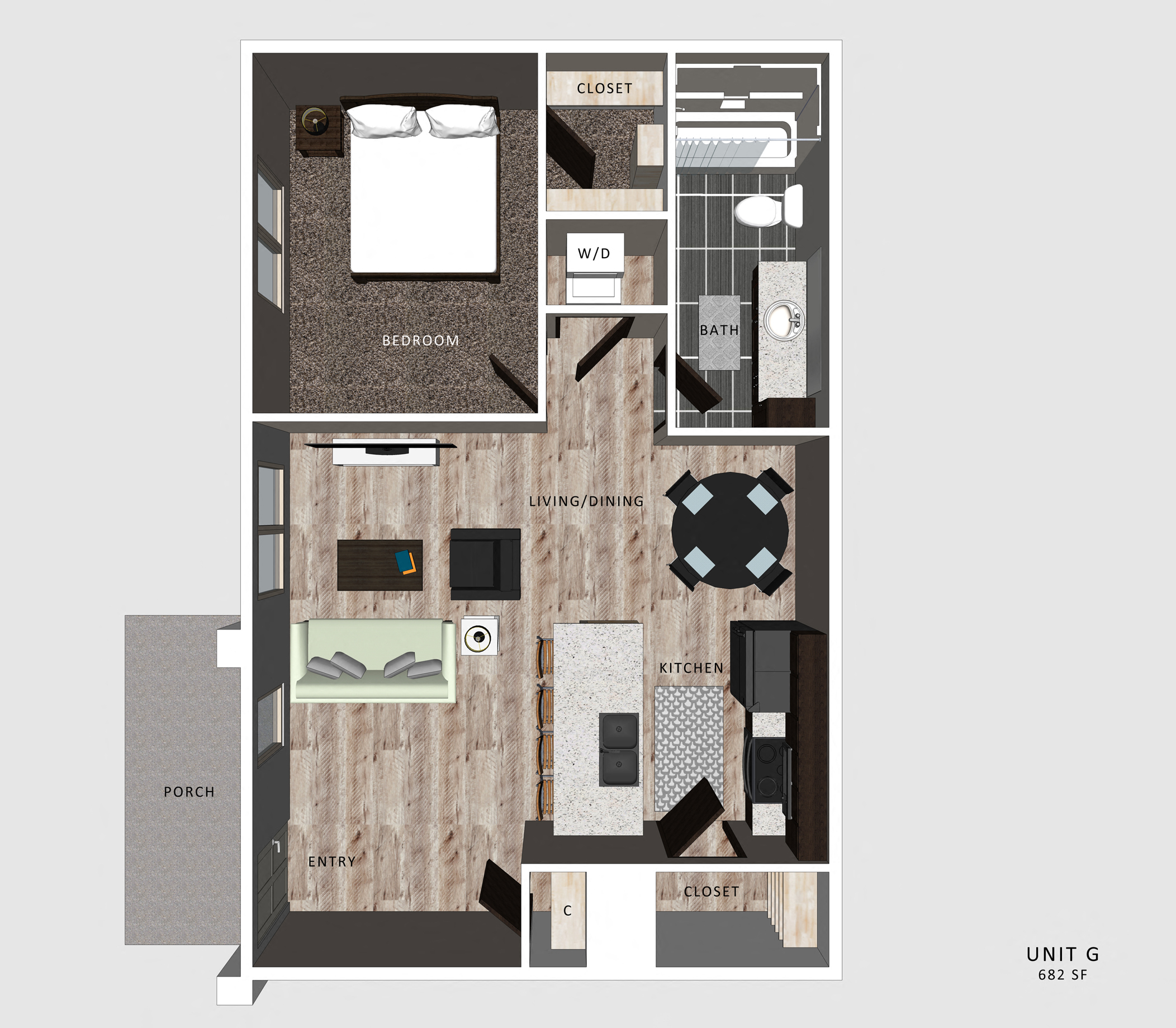 Floor plan for 1 bed, 1 bath, 682 sqft