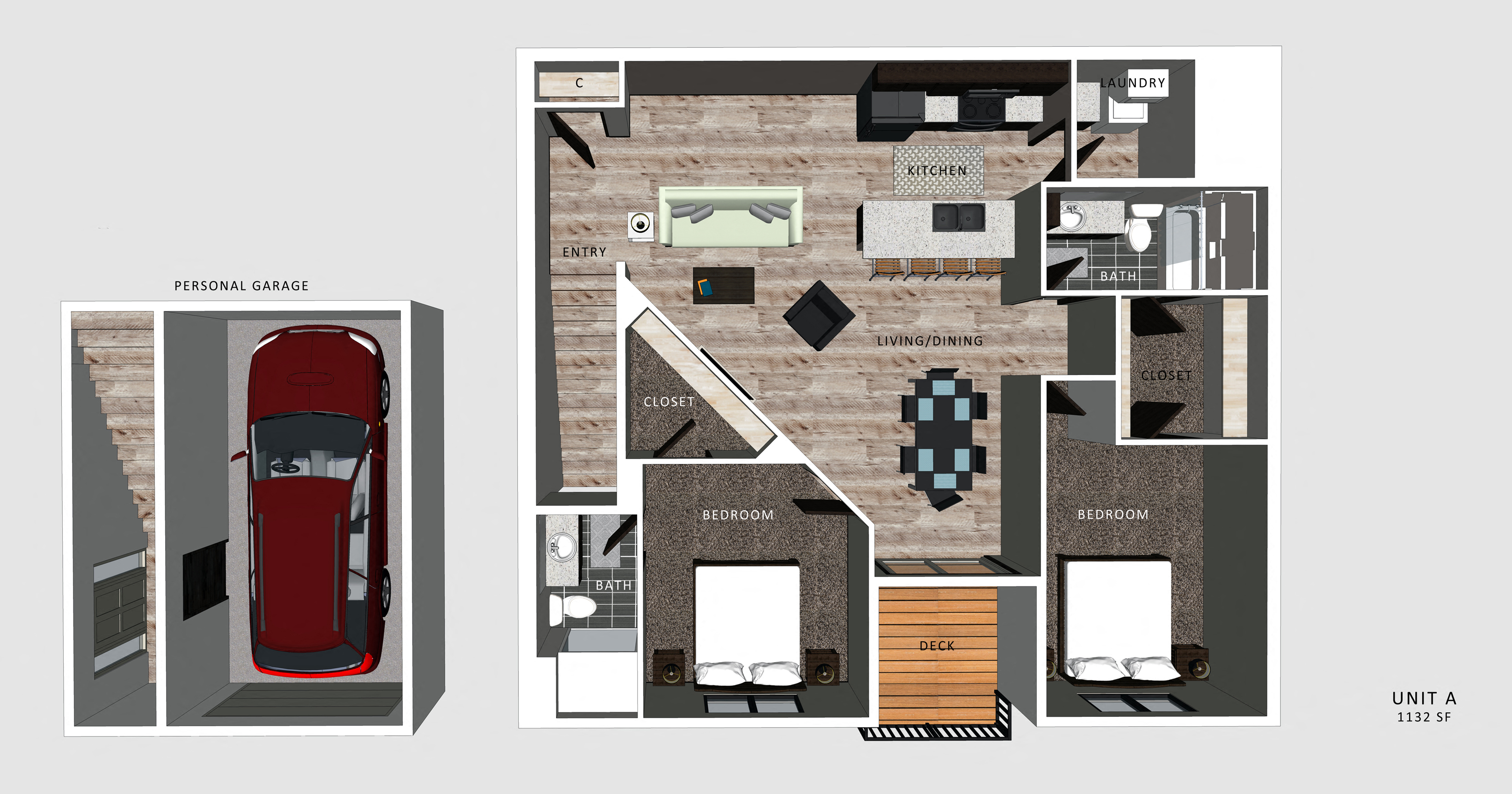 Floor plan for 2 beds, 2 baths, 1132 sqft