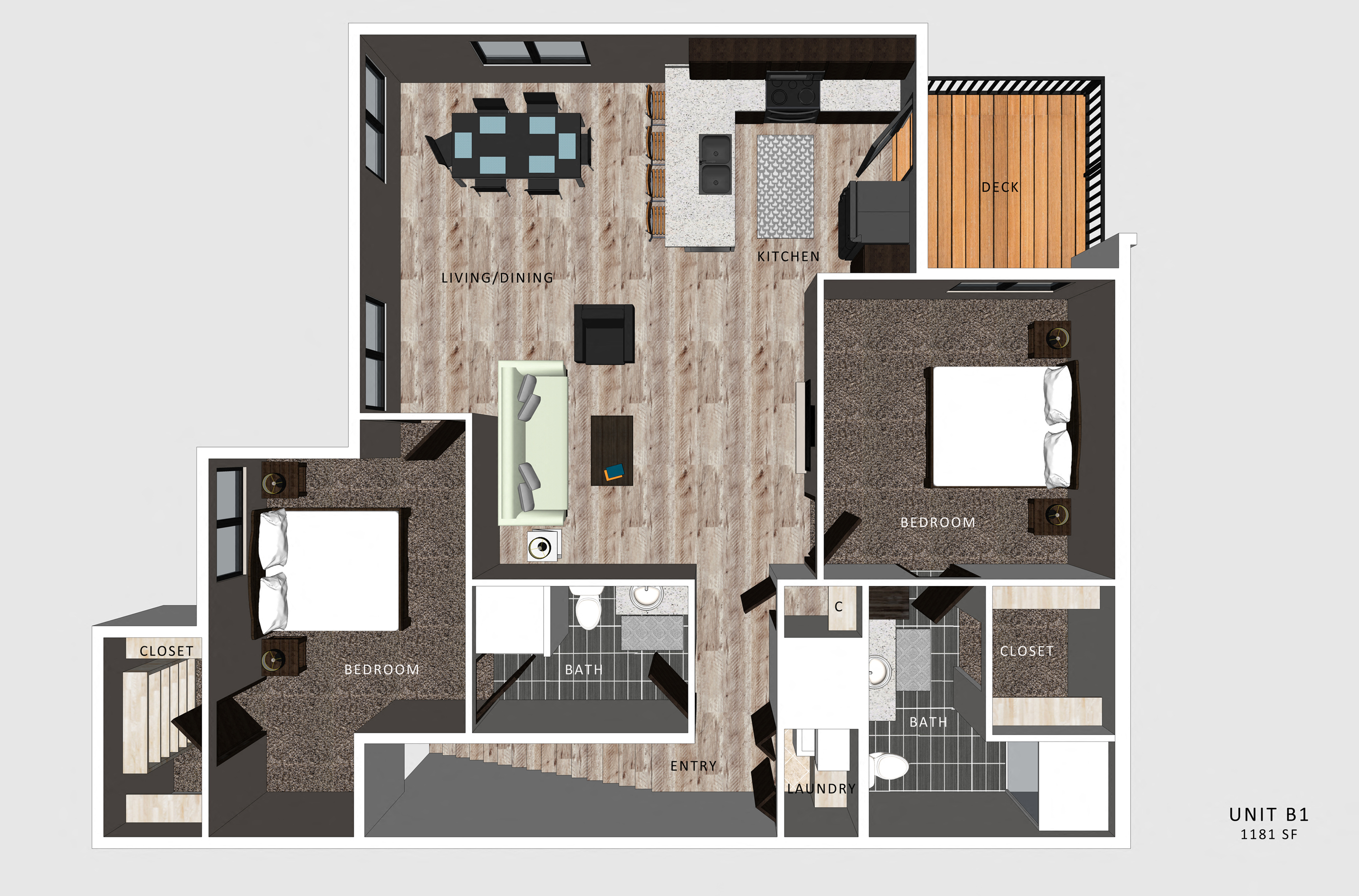 Floor plan for 2 beds, 2 baths, 1181 sqft