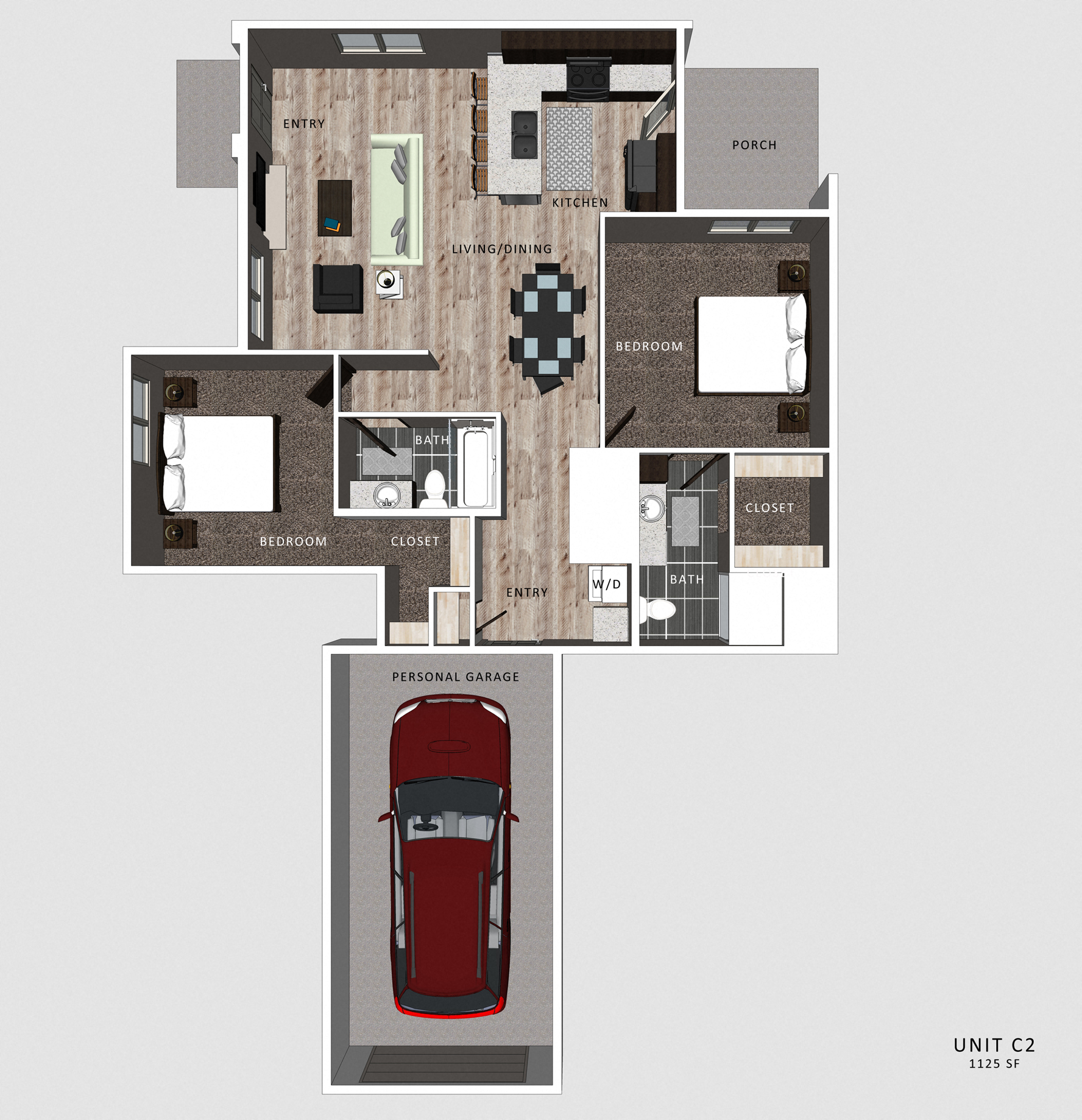 Floor plan for 2 beds, 2 baths, 1125 sqft
