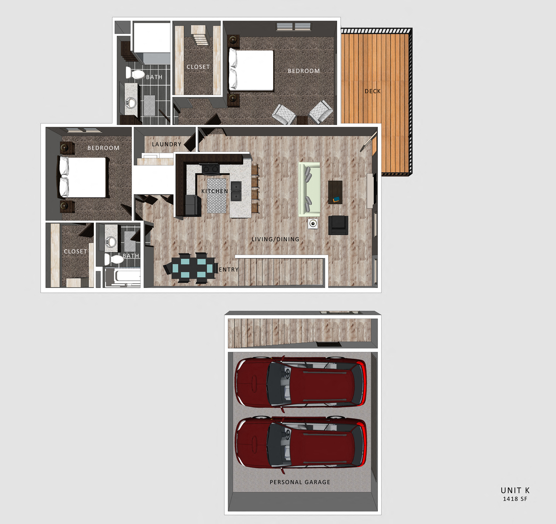 Floor plan for 2 beds, 2 baths, 1418 sqft